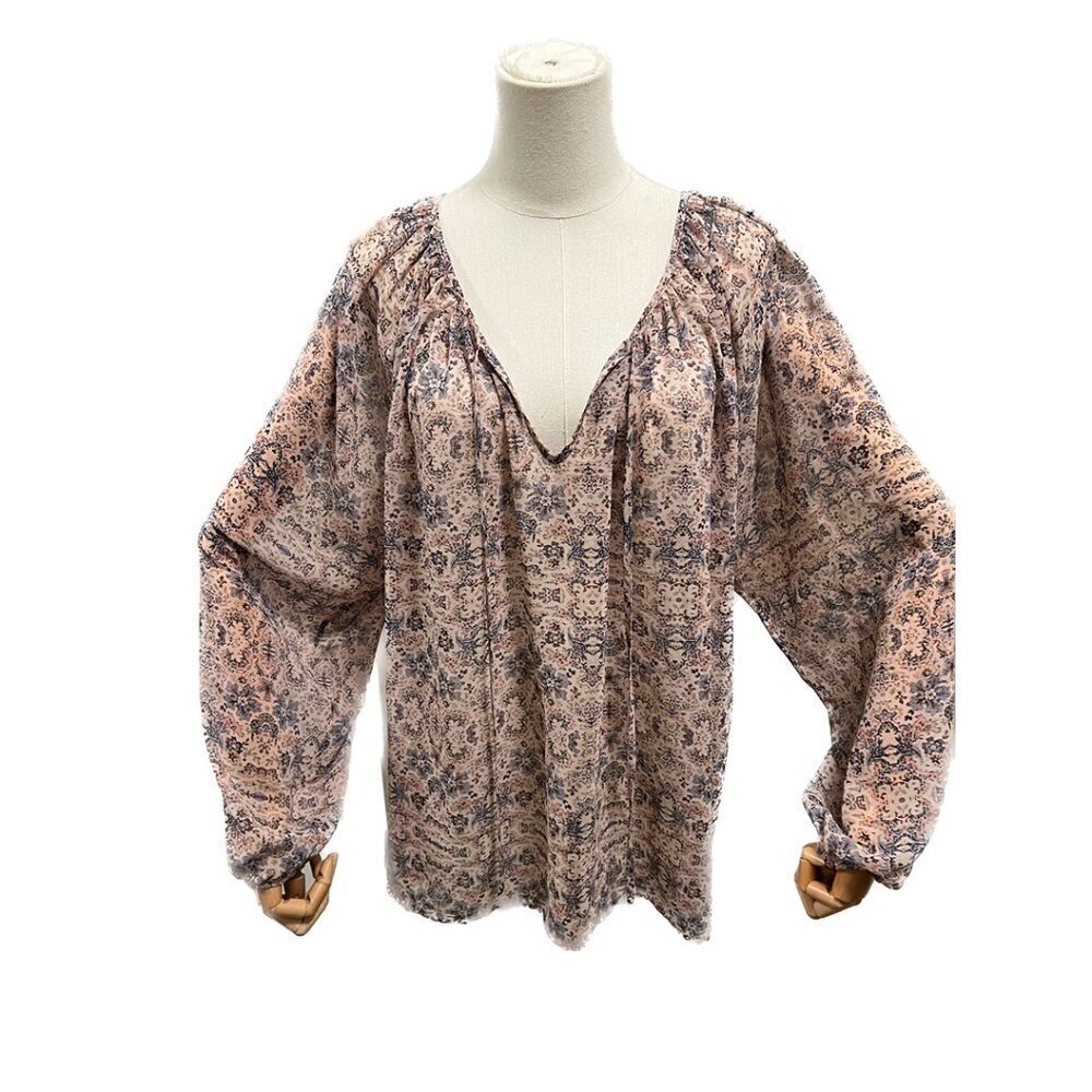 cabi sienna floral chiffon peasant blouse pink purple sheer large boho lagenlook - Picture 2 of 5